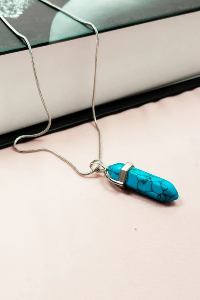 LitaeTrend Firuze Doğal Taşı Zincirli El Yapımı Tasarımlı Kolye Uç: 3,5 cm Zincir: 20 cm Kutulu - Resim 3