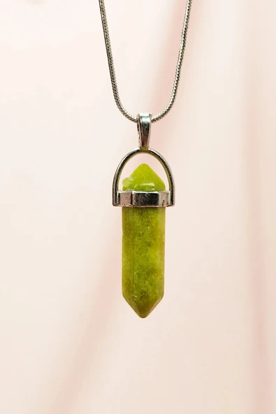 LitaeTrend Moldavit Doğal Taşı Zincirli El Yapımı Tasarımlı Kolye Uç: 3,5 cm Zincir: 20 cm Kutulu ürün görseli 1