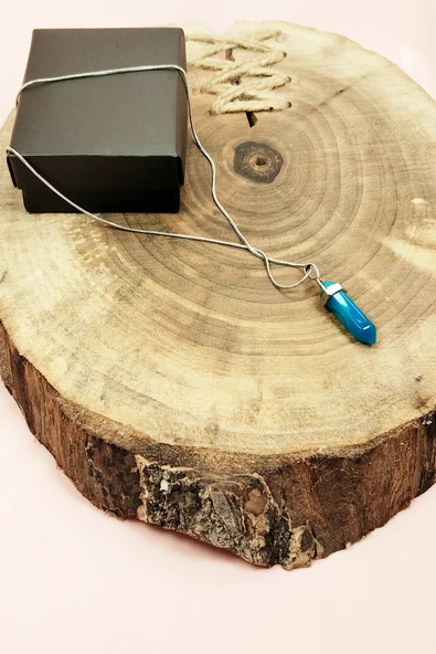 LitaeTrend Aquamarin Doğal Taşı Zincirli El Yapımı Tasarımlı Kolye Uç: 3,5 cm Zincir: 20 cm Kutulu - Resim 4