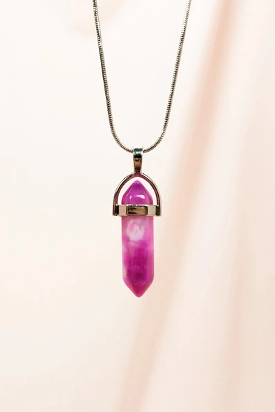 LitaeTrend Pembe Akit Doğal Taşı Zincirli El Yapımı Tasarımlı Kolye Uç: 3,5 cm Zincir: 20 cm Kutulu ürün görseli 1