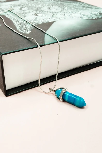 LitaeTrend Mavi Akik Doğal Taşı Zincirli El Yapımı Tasarımlı Kolye Uç: 3,5 cm Zincir: 20 cm Kutulu - Resim 4