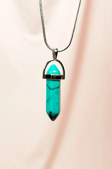 LitaeTrend Turkuaz Doğal Taşı Zincirli El Yapımı Tasarımlı Kolye Uç: 3,5 cm Zincir: 20 cm Kutulu ürün görseli 1