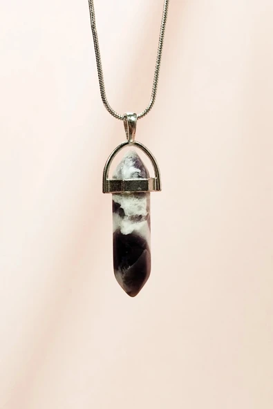 LitaeTrend Ametist Doğal Taşı Zincirli El Yapımı Tasarımlı Kolye Uç: 3,5 cm Zincir: 20 cm Kutulu ürün görseli 1