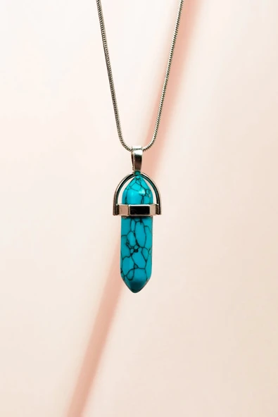 LitaeTrend Firuze Doğal Taşı Zincirli El Yapımı Tasarımlı Kolye Uç: 3,5 cm Zincir: 20 cm Kutulu ürün görseli 1