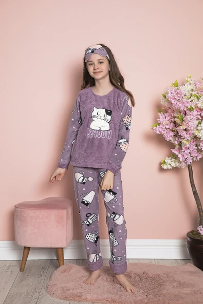 Kız Çocuk Welsoft Kumaş-Göz Bantlı Kedicik Baskılı Pijama Takımı 12282 - 1