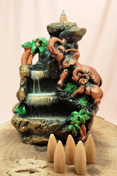 LitaeTrend Buyuk Boy Fil Figürlü Biblo Model Geri Akış Şelale Tütsülük 5 Adet Koni Hediye - Resim 3