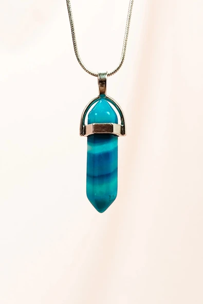 LitaeTrend Mavi Akik Doğal Taşı Zincirli El Yapımı Tasarımlı Kolye Uç: 3,5 cm Zincir: 20 cm Kutulu ürün görseli 1