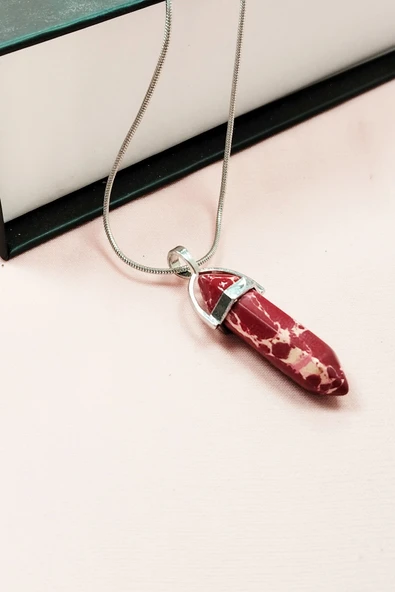 LitaeTrend Rodokrozit Doğal Taşı Zincirli El Yapımı Tasarımlı Kolye Uç: 3,5 cm Zincir: 20 cm Kutulu - Resim 4