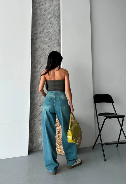 Baggy taş enzim bıyık yıkama jeans pantolon yeşil tint d2007 - 3