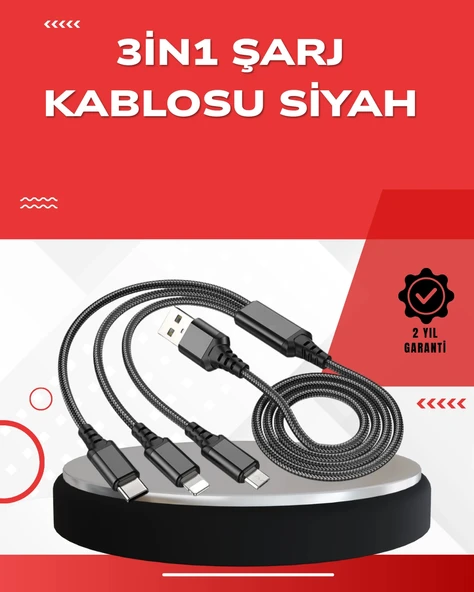 Dayanıklı Metal Başlıklı 3’ü 1 Arada Şarj Kablosu – Tüm Cihazlarla Uyumlu ürün görseli 1