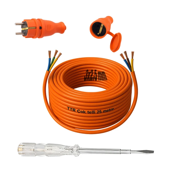 Seyyar 25 Metre Uzatma Kablosu TTR CCA Telli 3x2.5 mm Elektrik Kablo Kontrol Kalem Dişi Erkek Fiş ürün görseli