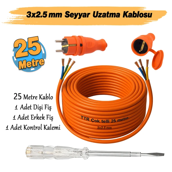 Seyyar 25 Metre Uzatma Kablosu TTR CCA Telli 3x2.5 mm Elektrik Kablo Kontrol Kalem Dişi Erkek Fiş - Resim 2