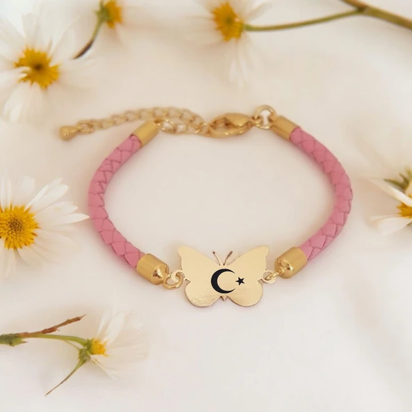 Sembole Özel Doğal Pembe Derili 14 Ayar Altın Plakalı Kelebek Motifli Hediye Bileklik-429 ürün görseli