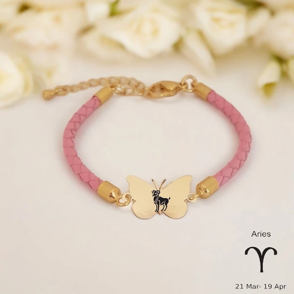 Burca Özel Kelebek Motifli Doğal Pembe Derili 14 Ayar Altın Plakalı Hediye Bileklik-429 ürün görseli