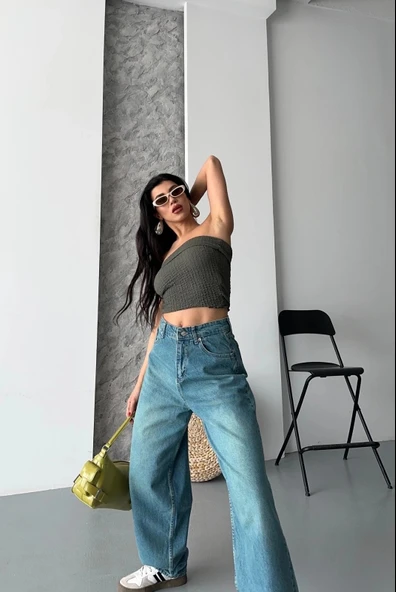 Baggy taş enzim bıyık yıkama jeans pantolon yeşil tint d2007 - 6