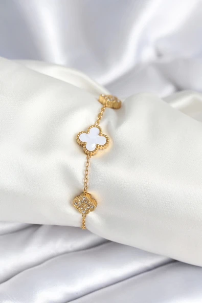 316L Çelik Zincir Zirkon Taşlı Yonca Beyaz Kadın Bileklik