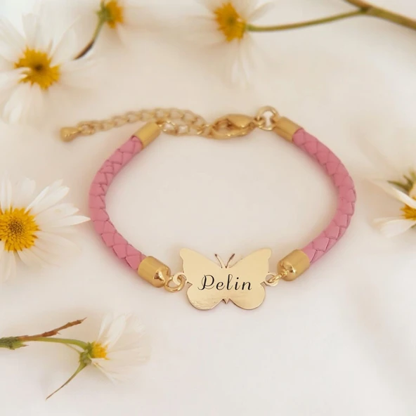 İsme Özel Kelebek Motifli Doğal Pembe Derili 14 Ayar Altın Plakalı Hediye Bileklik-429 ürün görseli