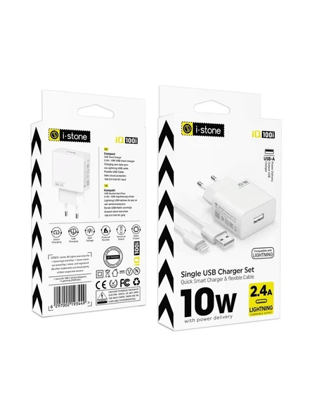 Iq 100I 2.4A Şarj Adaptörü + Lightning USB Kablo Beyaz ürün görseli 1