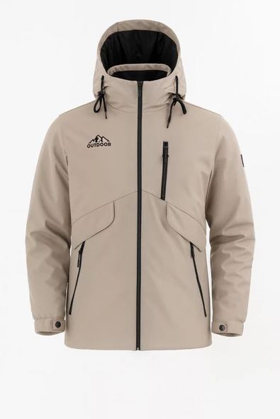 Erkek Krem Outdoor Su İtici Kapüşonlu Kaban – Rüzgar Geçirmez, Hafif ve Dayanıklı