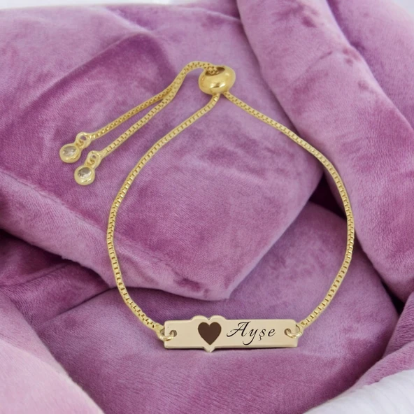 İsme Özel Kalp Motifli Altın Renkli Zincirli 14 Ayar Altın Plakalı Hediye Bileklik-432 ürün görseli