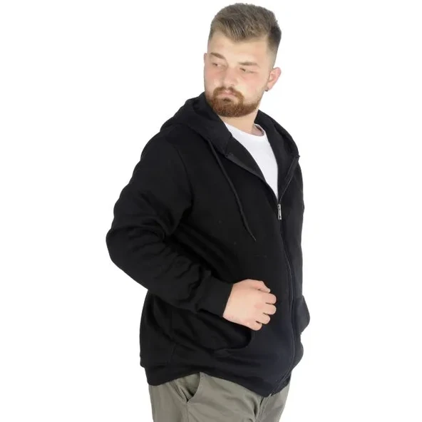 Erkek Sweatshirt Kapşonlu Zippered Basic 20543 Siyah - 3