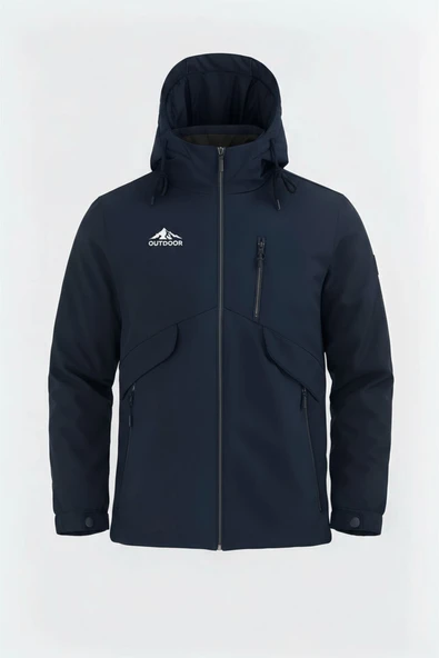 Erkek Lacivert Outdoor Su İtici Kapüşonlu Kaban – Rüzgar Geçirmez, Hafif ve Dayanıklı