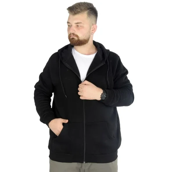 Erkek Sweatshirt Kapşonlu Zippered Basic 20543 Siyah - 1