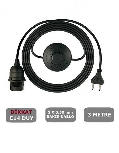 E14 Duylu 3 Metre Yerpuarlı (AÇ KAPAT ANAHTAR) Fişli Seyyar (2X0,50) (SİYAH)