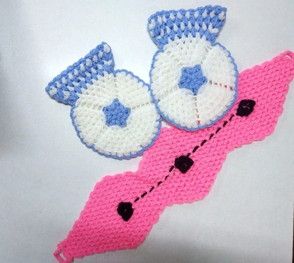 Mavi Beyaz pembe üç renkli El işi Örme Lif Takımı ürün görseli 1