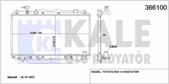 Toyota Motor Su Radyatoru Toyota Rav 4 2000 2005 Otomatık Vites (375x738x26) - Kale 366100 - Resim 1