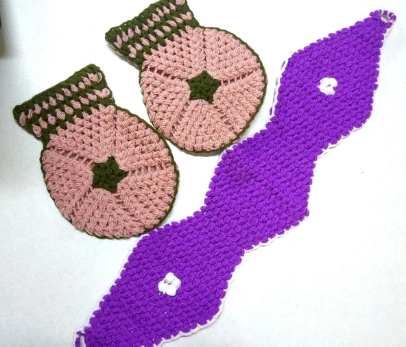 Yeşil Pembe Mor Beyaz üçlü Lif Takımı El İşi Örme ürün görseli 1