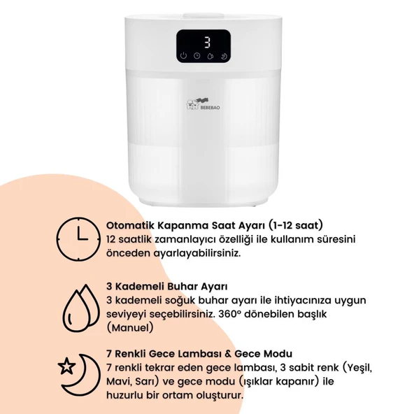 Bebebao Pufi 5lt Ultrasonik 7 Renkli Buhar Makinesi Hava Oda Ortam Nemlendirici Dokunmatik Panel Aromatik Yağ Hazneli - 6