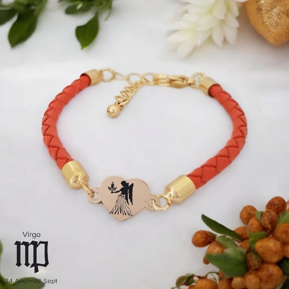 Burca Özel Kalp Motifli Doğal Turuncu Derili 14 Ayar Altın Plakalı Hediye Bileklik-434 ürün görseli