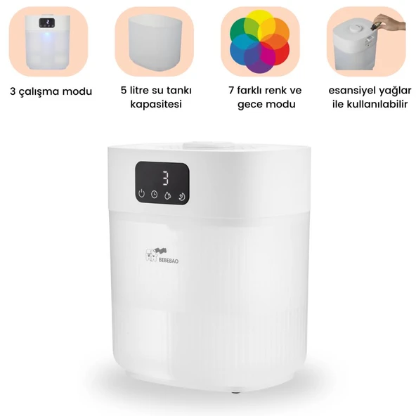 Bebebao Pufi 5lt Ultrasonik 7 Renkli Buhar Makinesi Hava Oda Ortam Nemlendirici Dokunmatik Panel Aromatik Yağ Hazneli