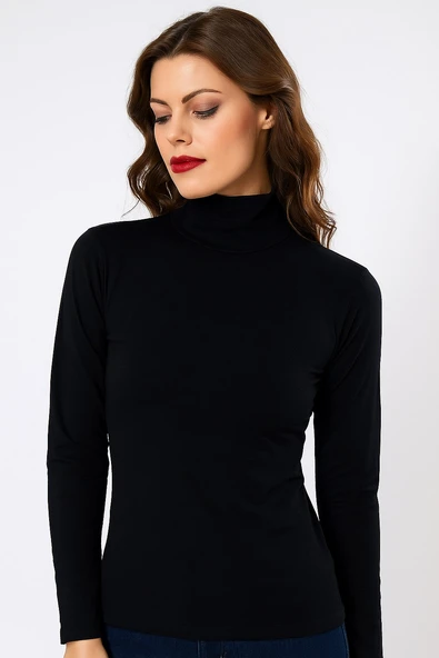 Kadın Siyah Uzun Kollu Yarım Boğazlı Basic Bluz – Günlük Ve Ofis Kombinlerine Uygun - 2