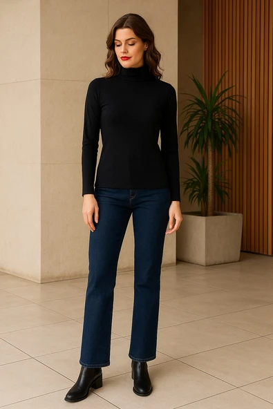 Kadın Siyah Uzun Kollu Yarım Boğazlı Basic Bluz – Günlük Ve Ofis Kombinlerine Uygun