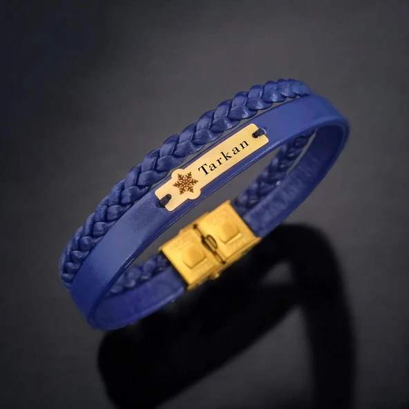 İsme Özel Kar Tanesi Motifli Hakiki Lacivert Derili 14 Ayar Altın Plakalı Hediye Bileklik-435 ürün görseli