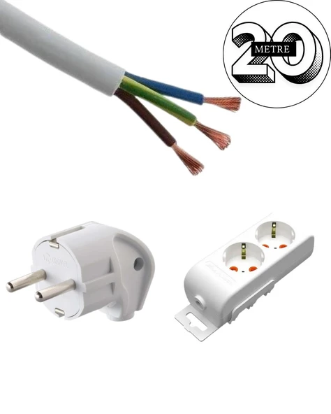 Acaroğlu - 20 Metre 3x2,5mm² TTR Kablo | İkili Uzatma Grup Priz - Resim 2