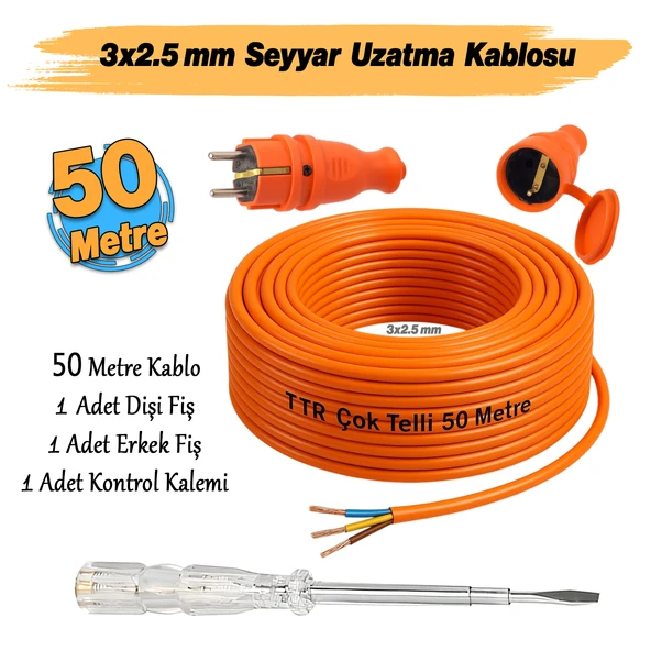 Seyyar 50 Metre Uzatma Kablosu TTR CCA Telli 3x2.5 mm Elektrik Kablo Kontrol Kalem Dişi Erkek Fiş - Resim 2