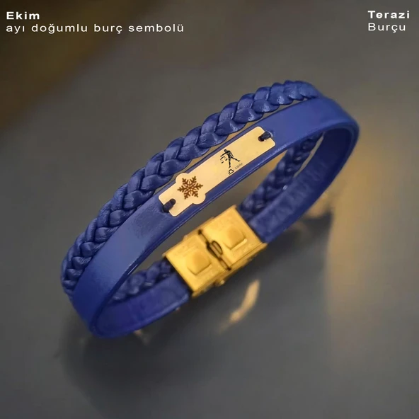 Burca Özel Kar Tanesi Motifli Hakiki Lacivert Derili 14 Ayar Altın Plakalı Hediye Bileklik-435 ürün görseli
