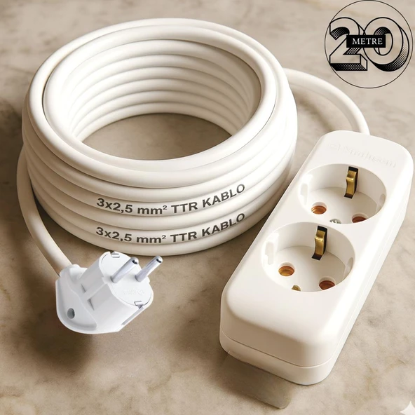 Acaroğlu - 20 Metre 3x2,5mm² TTR Kablo | İkili Uzatma Grup Priz ürün görseli