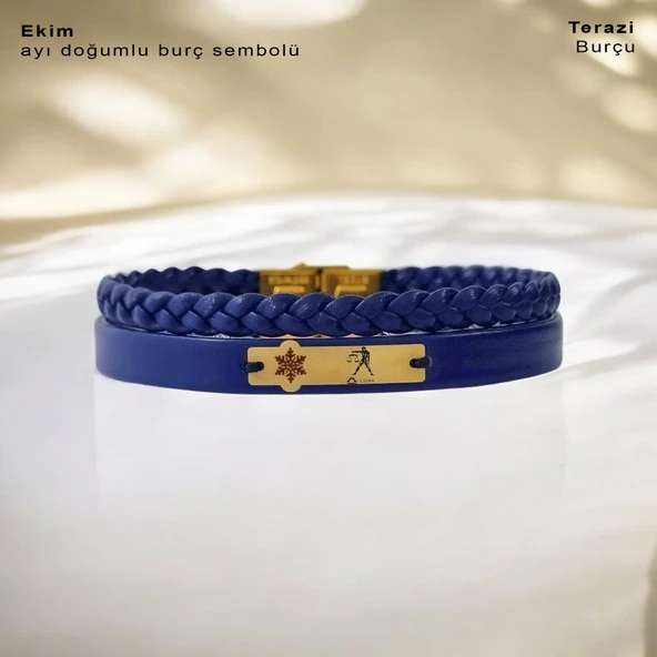 Burca Özel Kar Tanesi Motifli Hakiki Lacivert Derili 14 Ayar Altın Plakalı Hediye Bileklik-435 - Resim 2