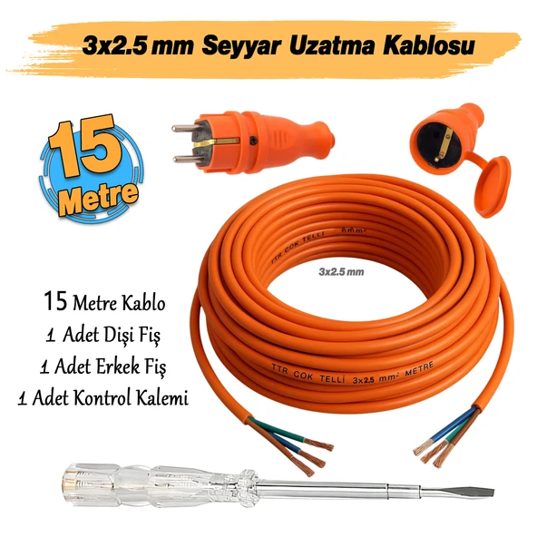 Seyyar 15 Metre Uzatma Kablosu TTR CCA Çok Telli 3x2.5 mm Elektrik Kablo Kontrol Kalem Dişi Erkek Fiş - Resim 2