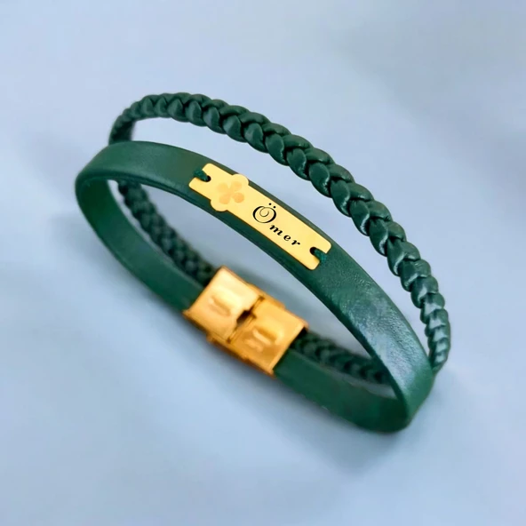 İsme Özel Çiçek Figürlü Hakiki Yeşil Derili 14 Ayar Altın Plakalı Hediye Bileklik-436 ürün görseli