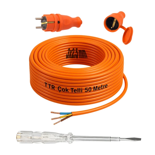 Seyyar 50 Metre Uzatma Kablosu TTR CCA Telli 3x2.5 mm Elektrik Kablo Kontrol Kalem Dişi Erkek Fiş ürün görseli