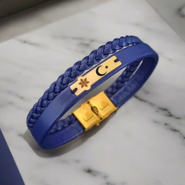 Sembole Özel Hakiki Lacivert Derili 14 Ayar Altın Plakalı Kar Tanesi Motifli Hediye Bileklik-435 ürün görseli