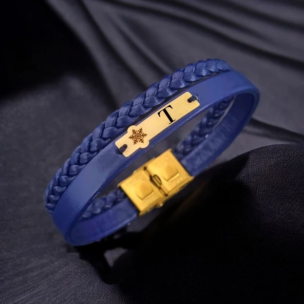Harfe Özel 14 Ayar Altın Plakalı Kar Tanesi Motifli Hakiki Lacivert Derili Hediye Bileklik-435 ürün görseli