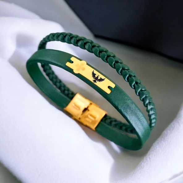 Sembole Özel Hakiki Yeşil Derili 14 Ayar Altın Plakalı Çiçek Figürlü Hediye Bileklik-436 ürün görseli