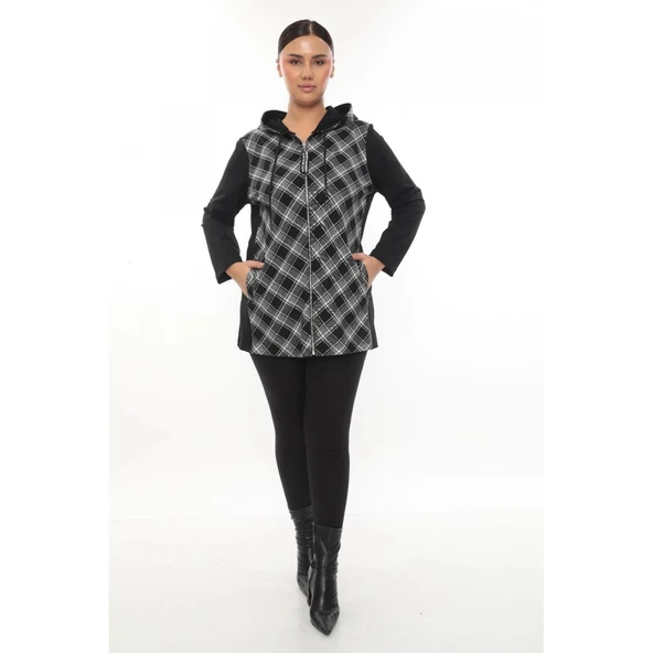 Ekose Kapüşonlu Fermuarlı Büyük Beden Spor Şık Hırka - 3