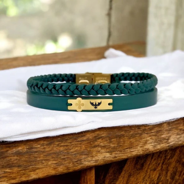Sembole Özel Hakiki Yeşil Derili 14 Ayar Altın Plakalı Çiçek Figürlü Hediye Bileklik-436 - Resim 2
